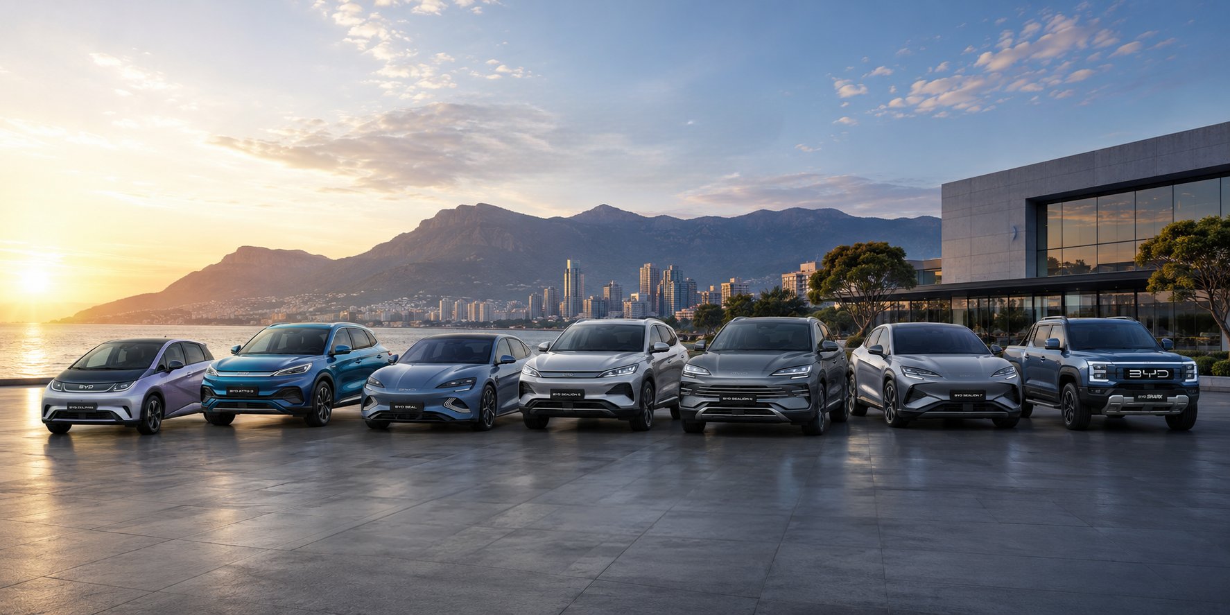 The BYD model range parked outside a BYD showroom at sunrise